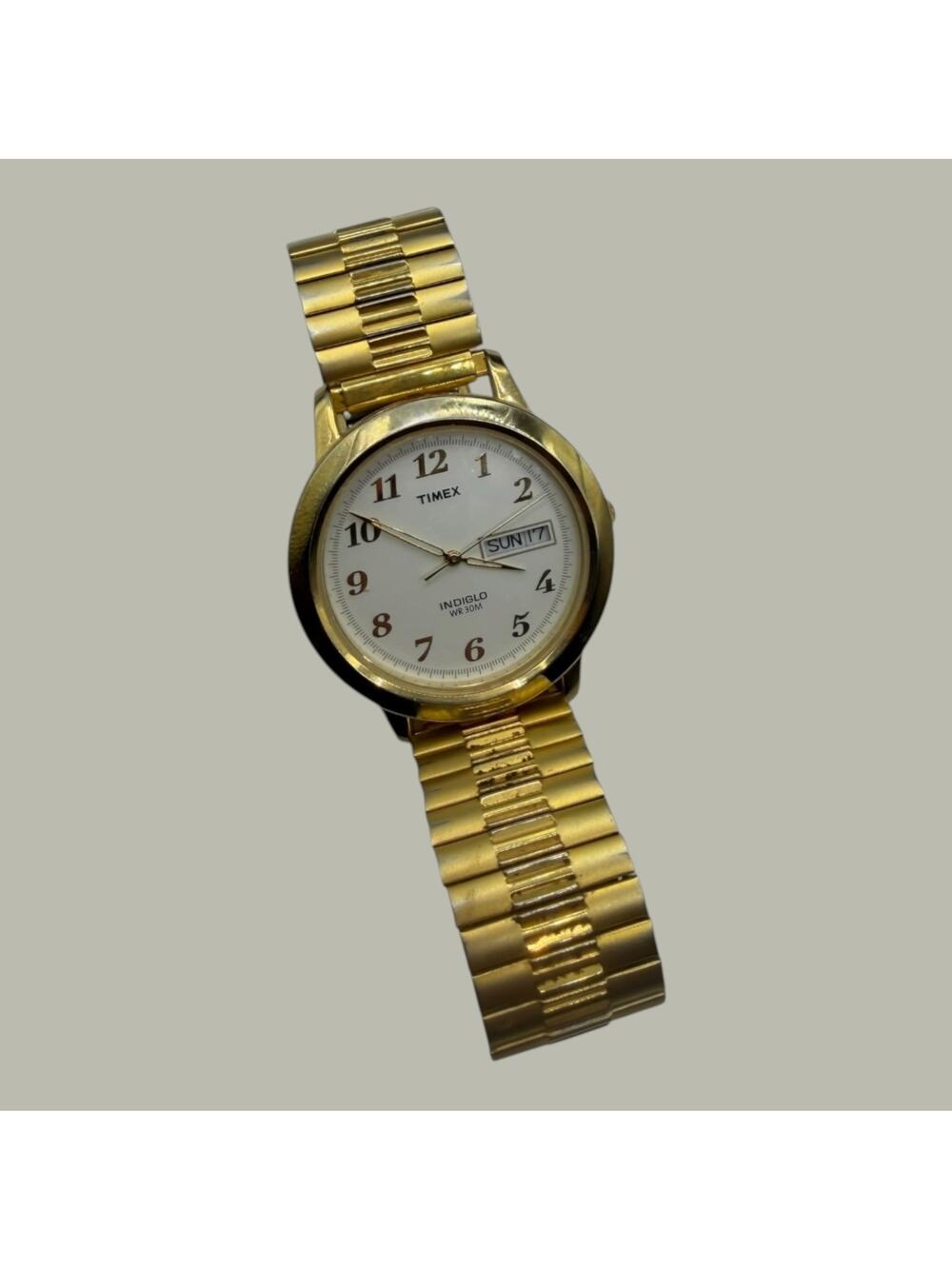 Timex Indiglo Day-Date Gold Tone Expansion Band Wristwatch Water Resistant